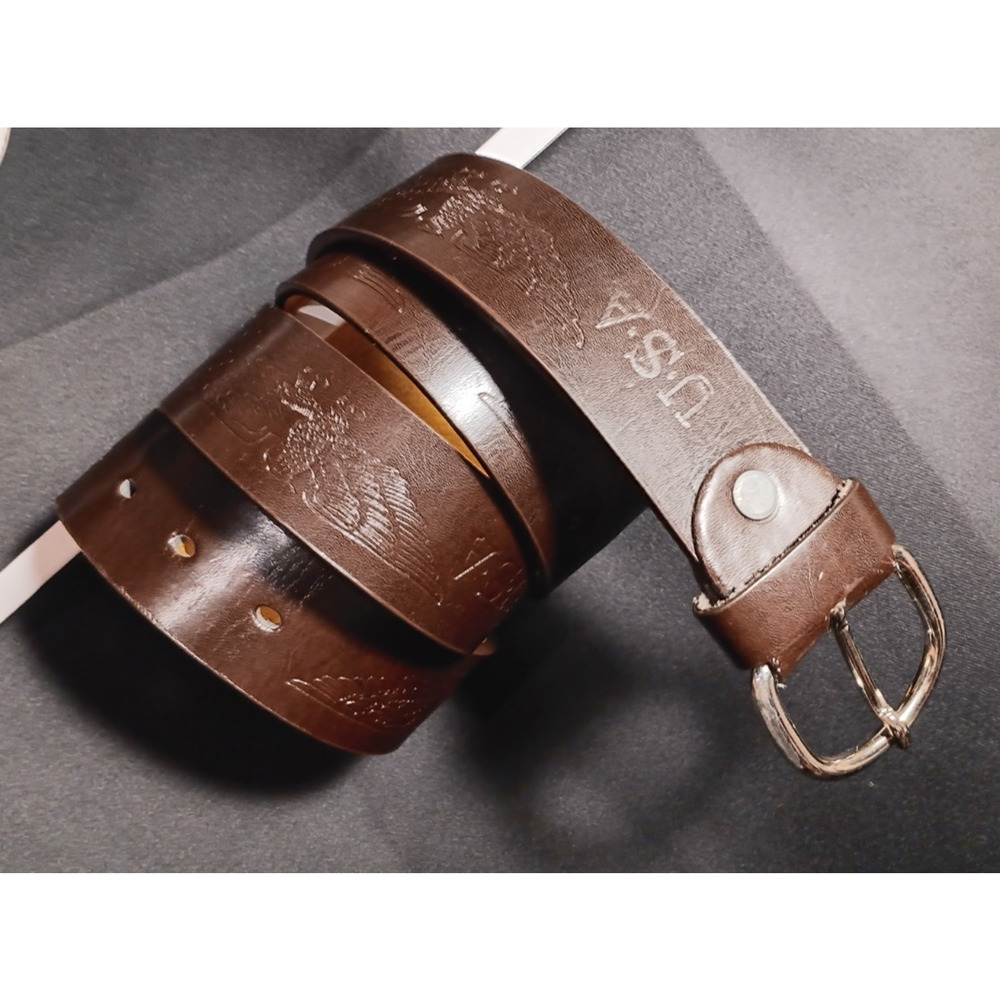Genuine Brown Leather Belt Size 44 Embossed Eagle USA Western Vintage Style